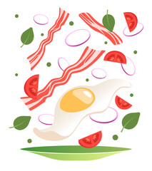 Cooking process vector illustration. Flipping fry egg in a pan. Cartoon flat style