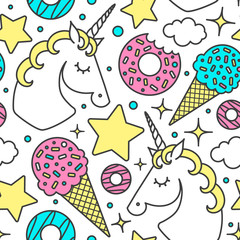 Seamless pattern with unicorn, clouds, stars, ice cream, donuts. Vector cartoon style cute character