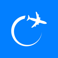 Icono plano avion girando blanco en fondo azul