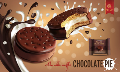 Vector realistic illustration of chocolate pie with milk souffle.