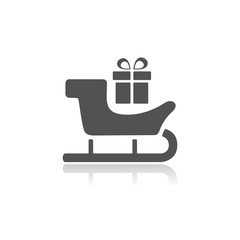 Sled icon with gift and reflection on white background