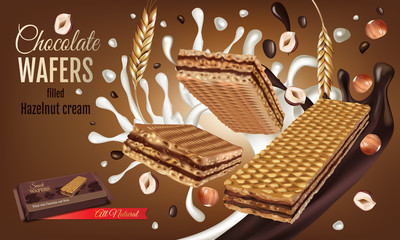 Vector realistic illustration of milk wafers with chocolate and hazelnuts cream.
