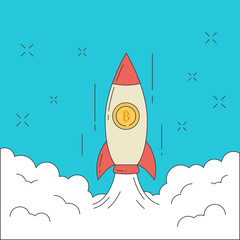 Line flat design vector illustration of rocket with bitcon taking off into space