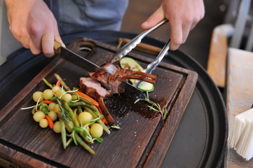 Beautiful serving of meat dishes. Close-up
