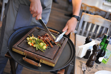 Beautiful serving of meat dishes. Close-up
