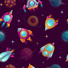Seamless pattern with cartoon rockets and planets