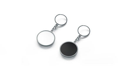 Blank metal round black and white key chain mock up side view, 3d rendering. Clear silver circular keychain design mockup isolated. Empty plain keyring souvenir holder template. Steel trinket label - obrazy, fototapety, plakaty