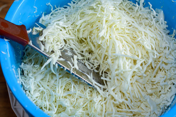 Home-cut cabbage for sour. Cut cabbage and a knife for the cross-section of vegetables. Housewares...