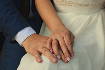 Two hands close up just merried with rings