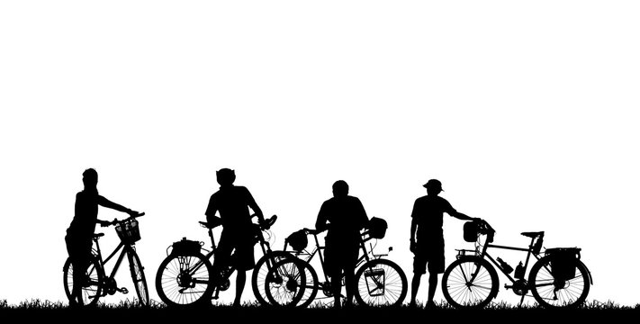 Silhouette group   bike relaxing on white  background