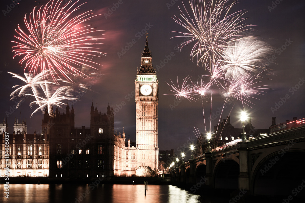 Sticker New Year in the city - Big Ben with fireworks