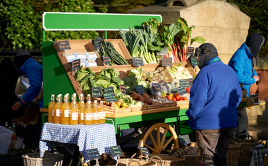A stall selling fresh vegtables at a food market at Newcastle Upon Tyne, England, UK.