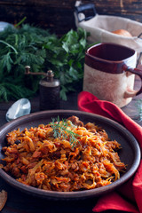 Traditional Polish bigos made from fresh and sour cabbage, selective focus