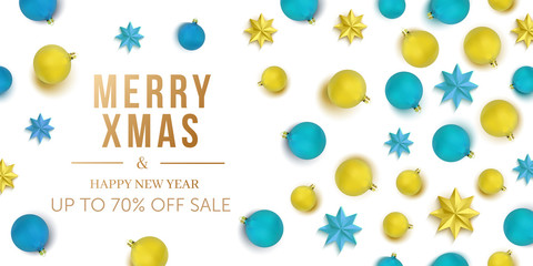 Merry christmas and Happy New Year sale background banner with balls and stars pattern. Wallpaper.flyers, invitation, posters, brochure, banners, calendar. Vector illustration.