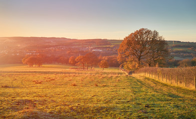 Red, Orange and yellow glow of a sunset over green pastures and trees in the English Countryside. Gibside  near Newcastle upon Tyne. © Duncan Andison