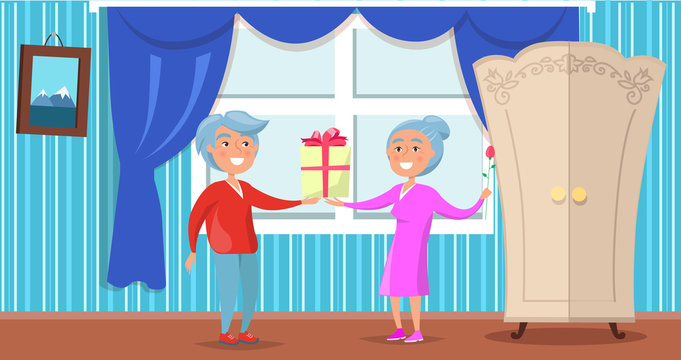 Happy Grandparents Day Senior Couple Give Present