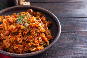 Bigos, a traditional Polish dish with sauerkraut and fresh cabbage with meat, sausage, ham and prunes, horizontal, copy space