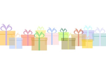 Set of simple colorful transparent gifts for birthdays, Christmas and anniversaries of different colors with ribbon in a row side by side on a white background