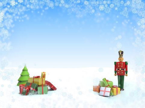 Christmas background with wooden soldier toy and gifts. 3D Illustration for greeting card or flyer with place for your text