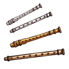 Wooden flute or pipe folk music instrument sketch