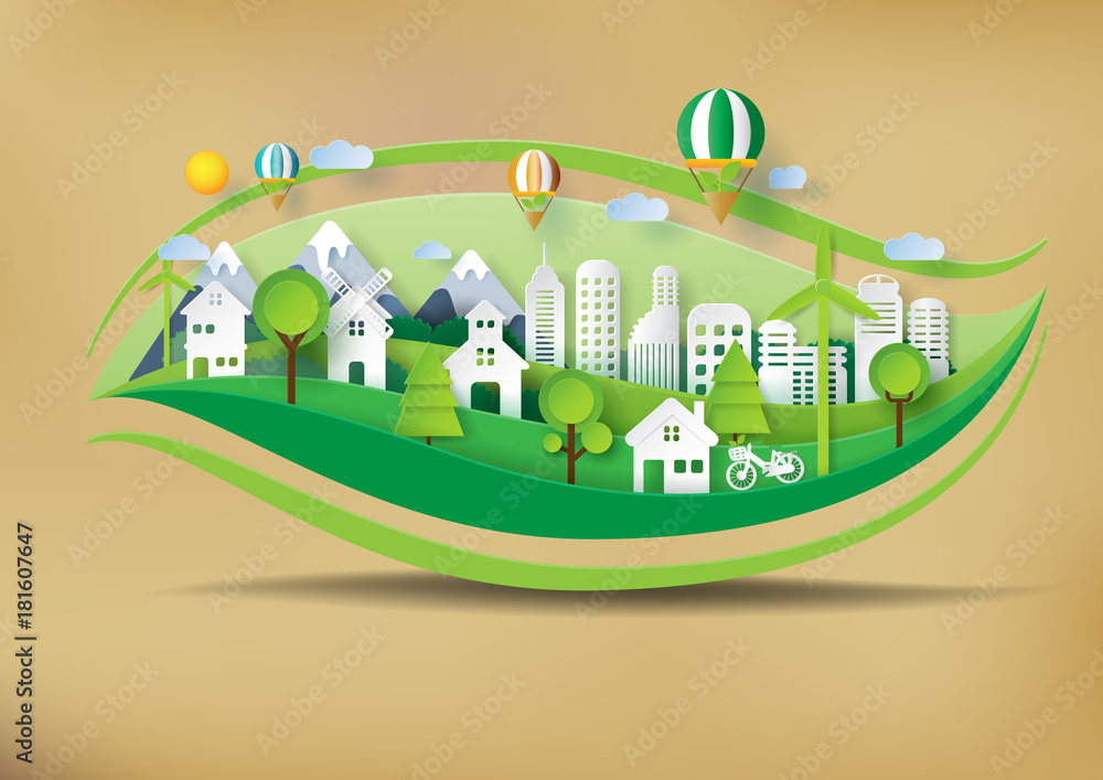 Poster green eco city and environment conservation concept design with leaf shape of paper art style.vector