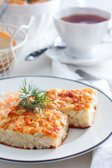 Casserole with chicken and cheese, selective focus