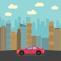 Red sports car in the city. Automobile on a background of skyscrapers on a sunny day. Vector illustration. 
