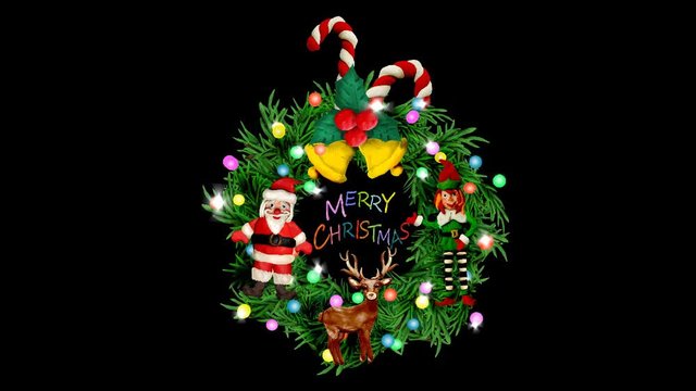 Christmas tree oval frame with lights and toys motion video animation on transparent background