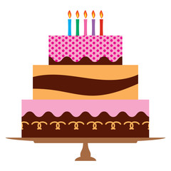 Sweet birthday cake with five burning candles. Colorful holiday dessert. Vector celebration background.
