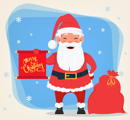 Merry Christmas and a Happy New Year greeting card with smiling Santa standing near bag with presents and holding red placard with greetings