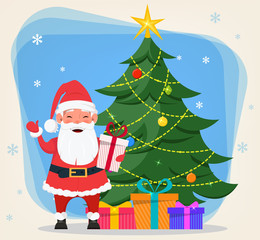 Merry Christmas and a Happy New Year greeting card with smiling Santa standing near Christmas tree with presents under it