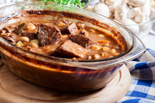 Beef Bourguignon stew in a casserole dish
