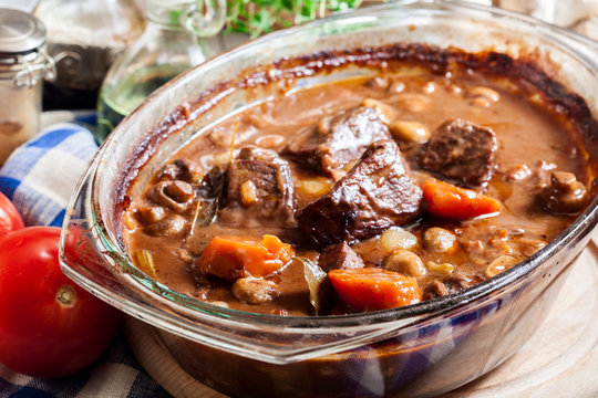 Beef Bourguignon stew in a casserole dish
