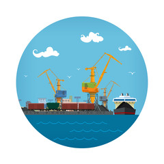 Seaport Icon, Unloading Coal or Ore from the Dry Cargo Ship, Logistic , Sea Freight Transportation, Port Warehouses and Cranes with Train Wagons, Vector Illustration
