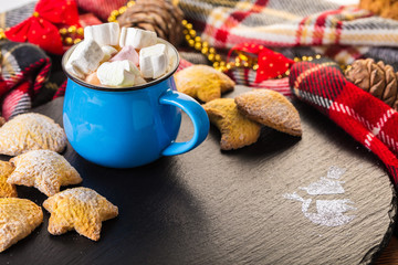 cup of cocoa with marshmallow and home cookies.