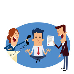 Businessman meditating in a yoga posture, his co-workers are yelling at him