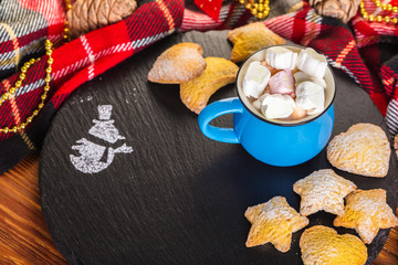 cup of cocoa with marshmallow and home cookies.