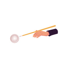 vector flat cartoon style hand in pose with cue stick ready to make shot to a ball. Isolated illustration on a white background.