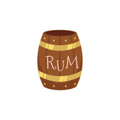 vector wooden rum barrel isolated illustration on a white background. Cartoon oak old keg, alcohol storage. Symbol of pirates, adventure, treasure