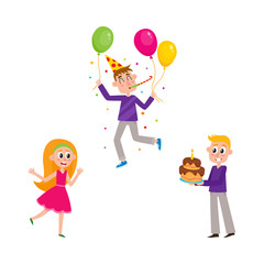 Birthday party - happy girl, boy with layered cake and guy holding balloons and blowing party horn, cartoon vector illustration isolated on white background. Set of people having fun at birthday party