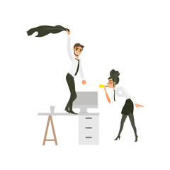 Naklejka premium vector flat cute girl office worker, business woman manager in corporate clothing in skirt, necktie dancing at floor blowing into pipe, man with beard dancing at table at party. Isolated illustration