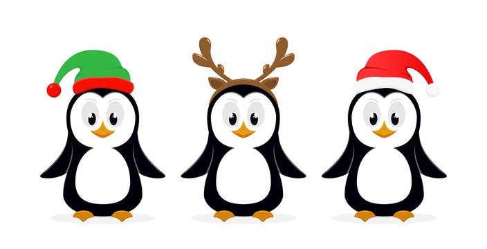 Three Christmas penguins on white background