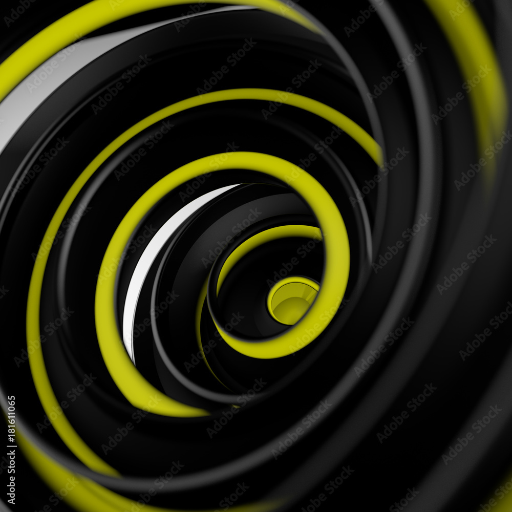 Poster black and yellow twisted spiral shape abstract 3d render with dof