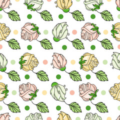 vector hand drawn sketch style elegant vintage rose yellow pink shaded wild flower with stem, leaves and blooming blossom seamless pattern. Isolated illustration on a white background.
