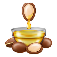 Argan nut with oil dropping into a glass bowl. Vector illustration.