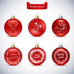 Collection of Red Christmas Balls on white background. Christmas Balls with pictures: deer, Santa Claus, bell, Christmas wreaths and inscription - Merry Christmas.