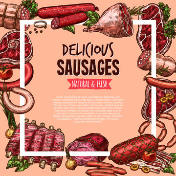 Meat, beef and pork sausage poster, food design