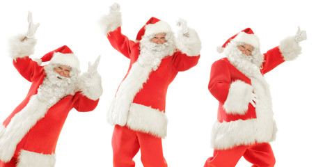 Santa Claus times Three, doing a happy Dance, Posing smiling and giving the Thumbs Up, Isolated on White Cut out