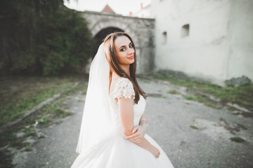 Fototapeta na wymiar Beautiful elegant bride with perfect wedding dress and bouquet posing near old castle
