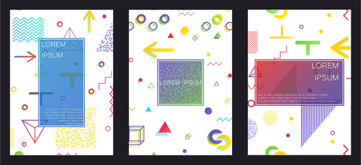 Covers with minimal design. Memphis geometric backgrounds. Banners, Placards, Posters, Flyers in retro 80s, 90s style. Eps10 vector
